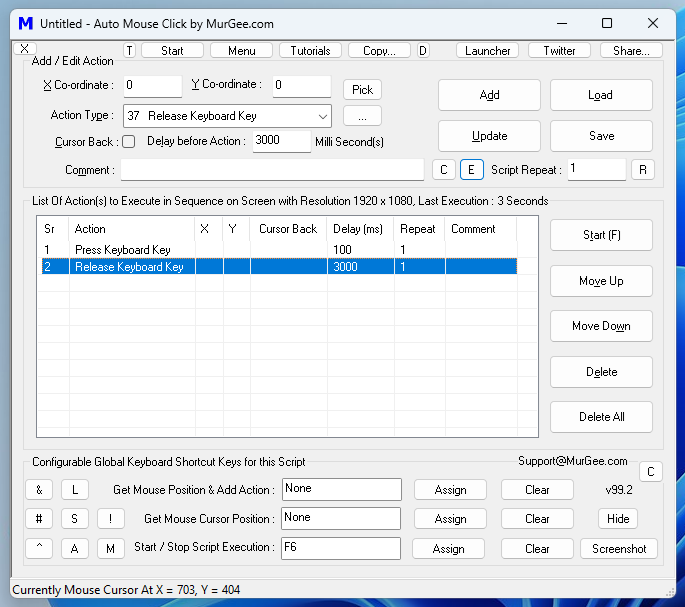 Script Displaying How to Use Press Keyboard Key and Release Keyboard Key to Hold a Key Down for Configured Duration (In this Sample Script, Key is Held Down for 3 Seconds)