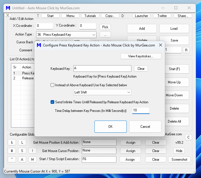 Screnshot Displaying How to Simulate Holding a Single Key Down